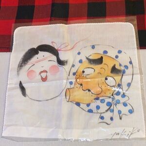 Rare! Vintage Signed Yukiko Hanai handkerchief characters Okame and Hotei